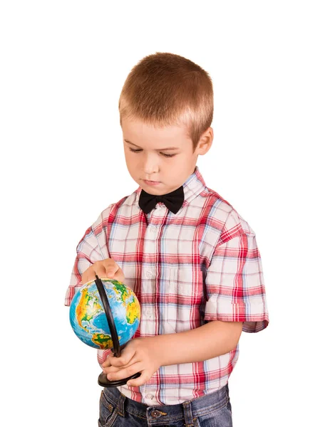 Schoolboy Holds Small Globe Hands Isolated White Background — Zdjęcie stockowe