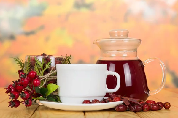 Pitcher Hot Drink Cup Jar Dried Fruit Beige Wooden Table — Stockfoto