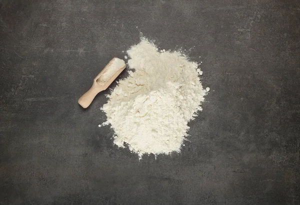 Handful Sifted Pastry Flour Scoop Flour Grey Surface — Stockfoto