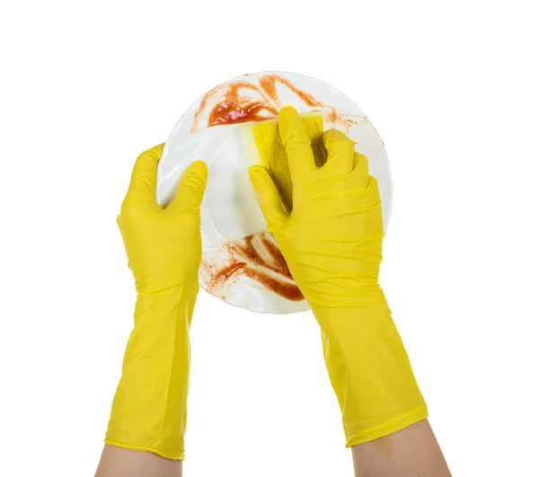 Female Hands Gloves Wash Dirty Dishes Isolated White Background — Stock Photo, Image