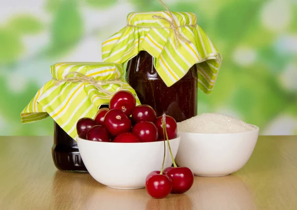 Two Jars Jam Closed Striped Paper Bowl Cherries Sugar Wooden — Stock Photo, Image