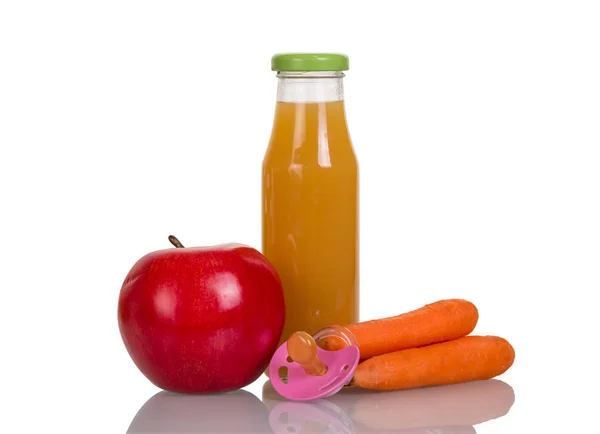 Bottle Fruit Juice Apple Carrot Baby Pacifier Isolated White Background — Stock Photo, Image