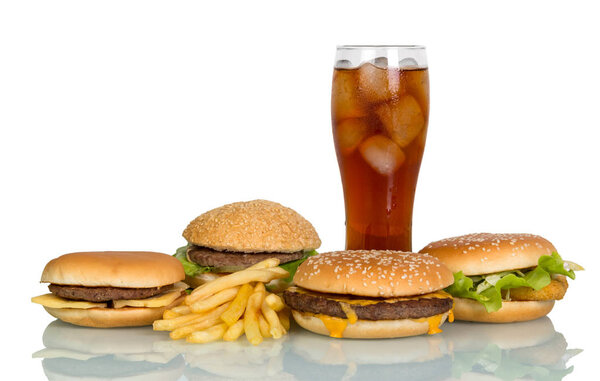 Fast food - burgers and drink with ice isolated on white background