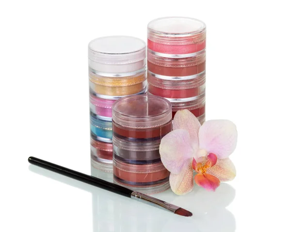 Conjunto Frascos Com Variedade Cosméticos Escova Flor Orquídea Isolado Fundo — Fotografia de Stock