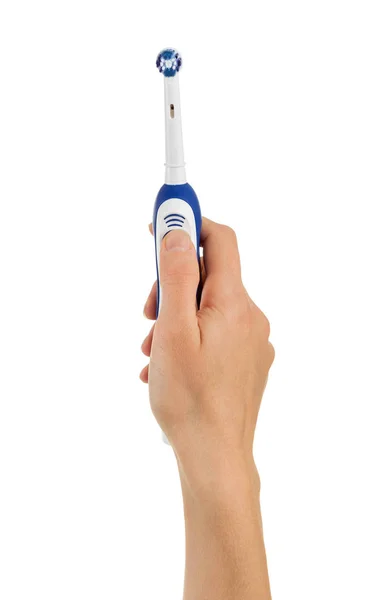 Woman Hand Includes Button Electric Toothbrush Isolated White Background — Stock Photo, Image