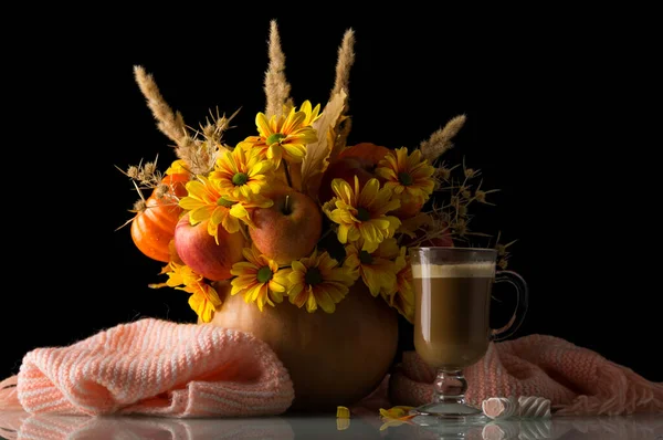 Original Autumn Composition Pumpkin Nearby Cup Cappuccino Warm Scarf Isolated — Stock Photo, Image