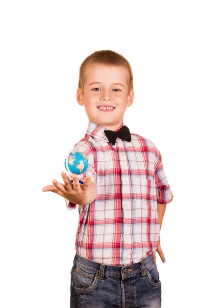 Boy Shirt Tie Holding Small Globe His Hand Isolated White — Stockfoto