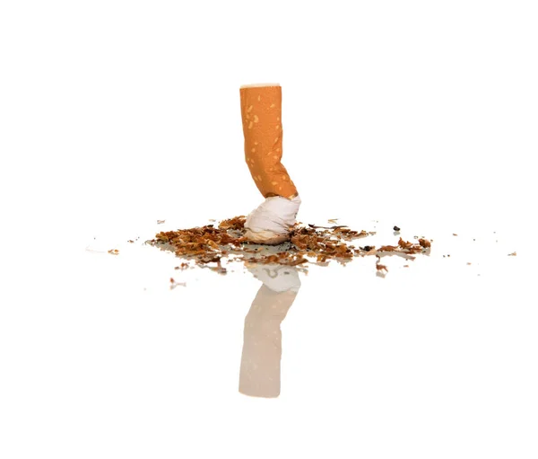 Stub Out Cigarette Scattered Tobacco Crumbs Isolated White Background — Stockfoto