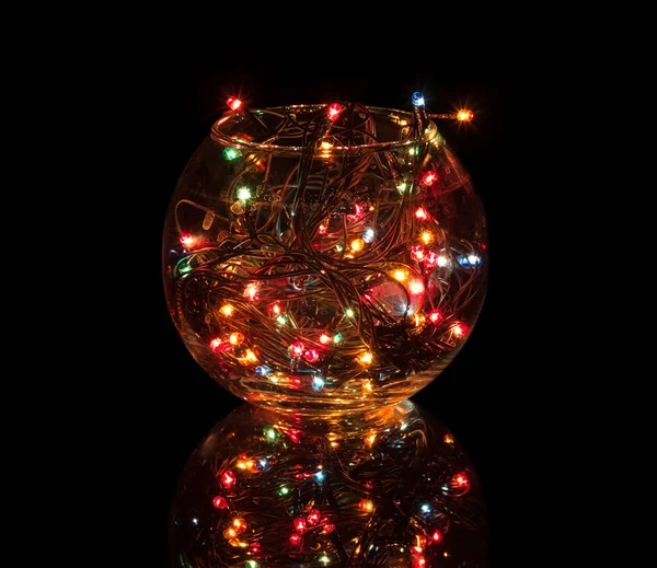 Multicolored Lights Included Garland Glow Glass Bowl Isolated Black Background — Stock Photo, Image