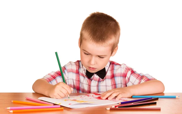 Niño Camisa Con Pajarita Dibujo Sentado Mesa Aislado Sobre Fondo —  Fotos de Stock