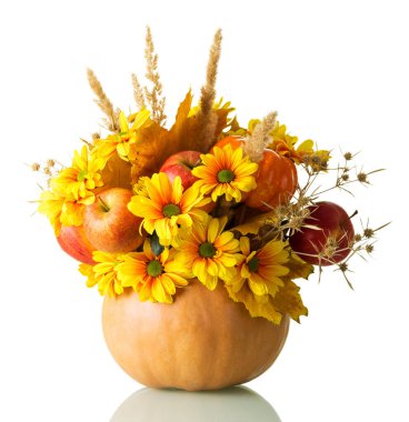 Orijinal elma buketi, çiçekler ve dikenler, balkabağında, beyaz arka planda izole edilmiş.