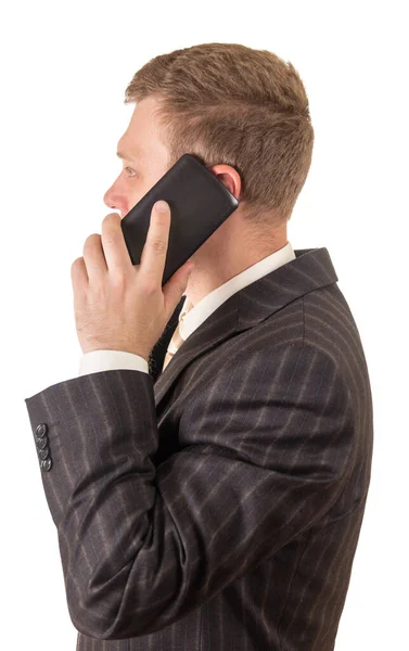 Zástupce Muž Obleku Mluvit Telefonu Izolované Bílém Pozadí — Stock fotografie