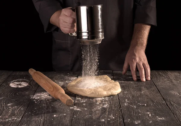 Hands Baker Sift Flour Dough Isolated Black Background — Stock Photo, Image