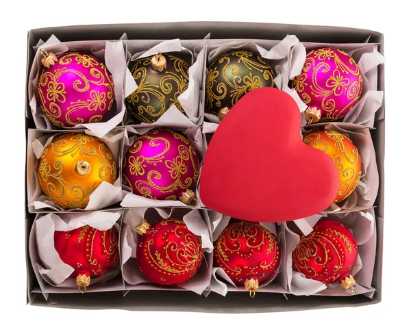 Cardboard Box Christmas Balls Cells Toy Heart Upstairs Isolated White — Stock Photo, Image