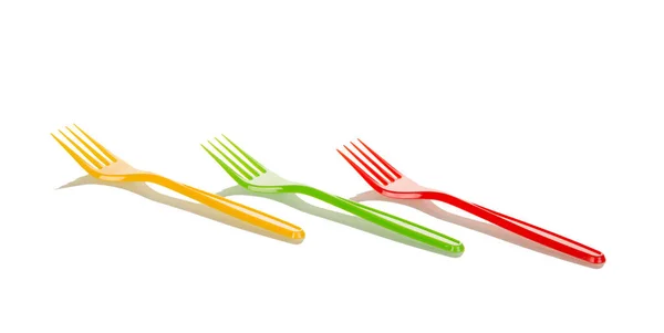Three Colorful Disposable Fork Isolated White Background — Stock Photo, Image