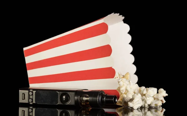 Popcorn Fell Out Striped Box Next Electronic Cigarette Isolated Black — Stock Photo, Image