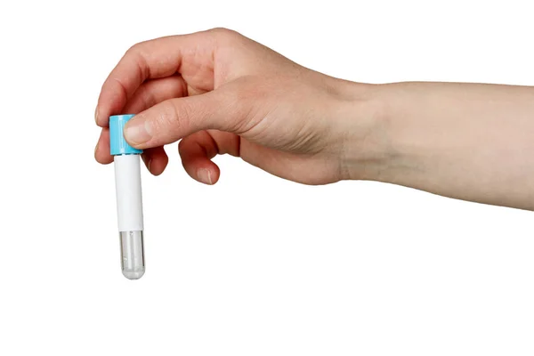 Sterile Vial Blood Sample Analyze Hand Woman Isolated White Background — Stock Photo, Image