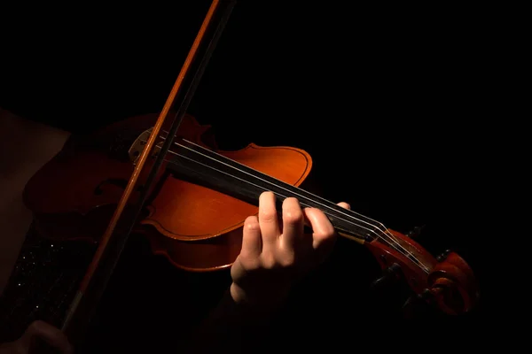 Violin Och Båge Händerna Musiker Isolerad Svart Bakgrund — Stockfoto