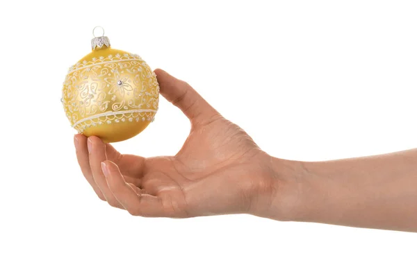 Bola Brinquedo Natal Com Desenhos Strass Mão Feminina Isolada Fundo — Fotografia de Stock