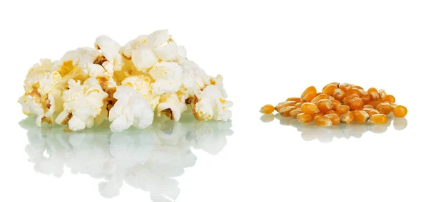 Concept Ongeopende Maïs Klaar Popcorn Geïsoleerd Witte Achtergrond — Stockfoto
