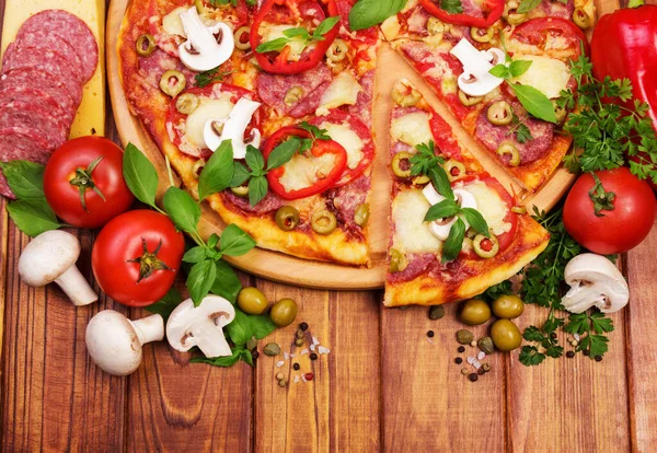 Pizza Slice Salami Mushrooms Cheese Vegetables Greens Dark Wood — Stock Photo, Image
