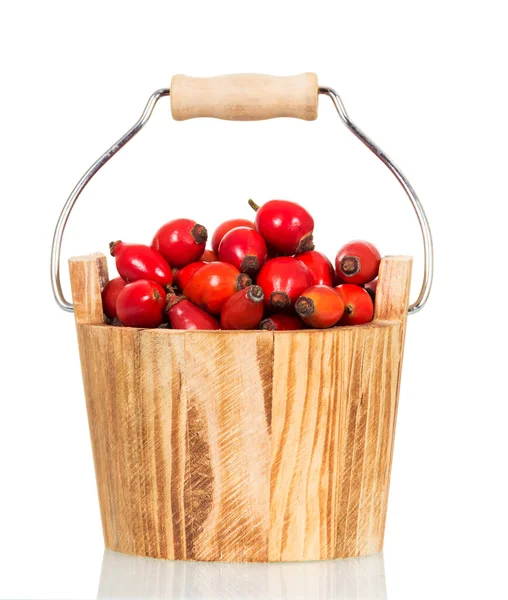 Wooden Bucket Rosehip Berries Isolated White Background — Stock Photo, Image