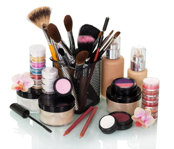 Cosmetic Brush Eyeshadow Jars Cream Liquid Foundation Blusher Isolated White — Stock Photo, Image