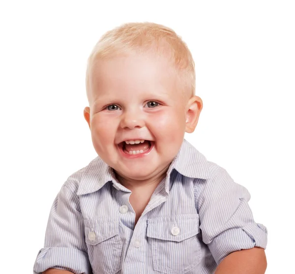Porträtt Leende Pojke Ljusfärgad Randig Skjorta Isolerad Vit Bakgrund — Stockfoto