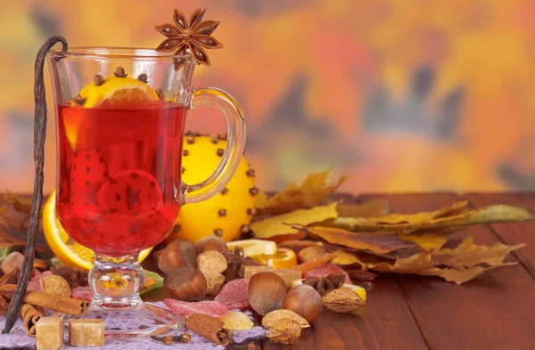 Mulled Wine Nuts Sweets Background Autumn Leaves — Stock Photo, Image