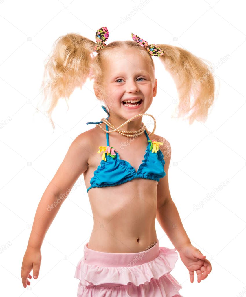 Joyful little blond girl in a bathing suit and inflatable ring isolated on white background.