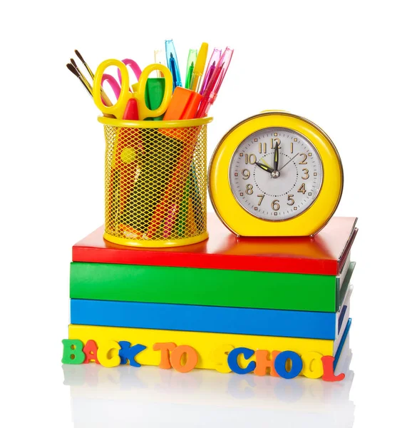 Stack Textbooks Stationery Set Alarm Clock Isolated White Background — Stock Photo, Image