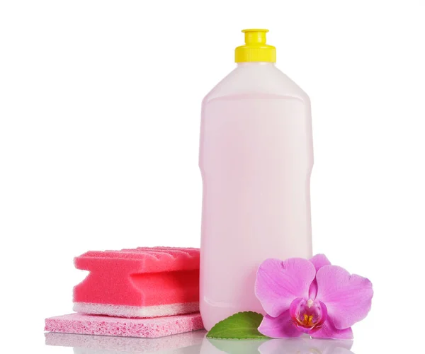 Rosa Plastikflasche Mit Reiniger Haushaltsschwamm Und Orchideenblume Isoliert Auf Weißem — Stockfoto
