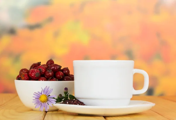 Bol Baies Rose Chien Une Tasse Thé Sur Fond Feuilles — Photo