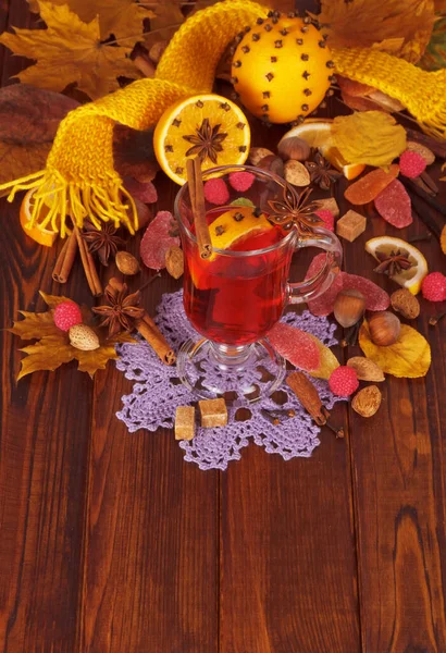 Mulled Wine Nuts Sweets Background Yellow Maple Leaves — Stock Photo, Image