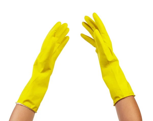 Handen Gele Rubberen Handschoenen Geïsoleerd Witte Achtergrond — Stockfoto