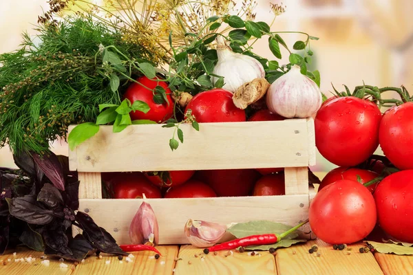 Wooden Crate Tomatoes Herbs Spices Background Kitchen — Stock Photo, Image