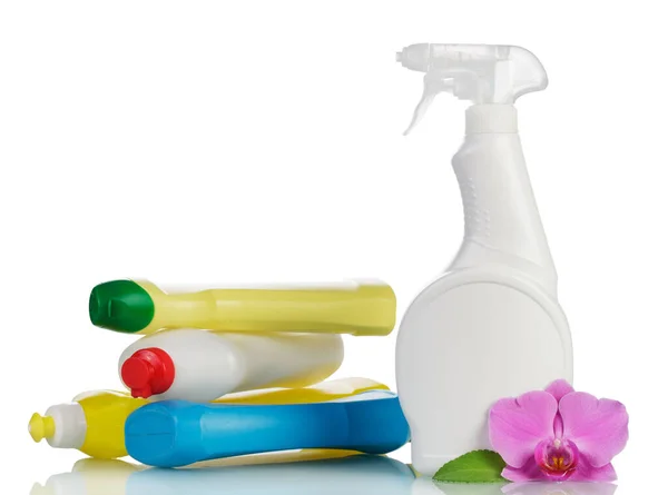 Bottiglie Plastica Multicolore Con Detergente Liquido Fiore Orchidea Isolato Sfondo — Foto Stock