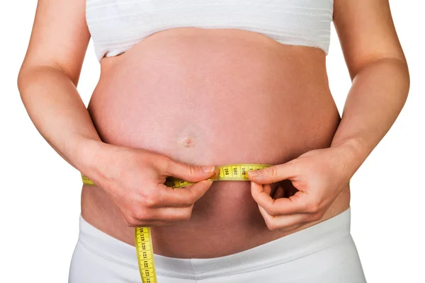 Pregnant Woman Measures Tummy Yellow Centimeter Isolated White Background — Stock Photo, Image