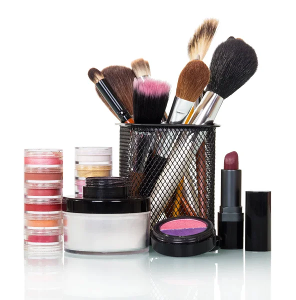 Cosmetic Brushes Lip Gloss Lipstick Eye Shadow Jar Cream Isolated — Stock Photo, Image