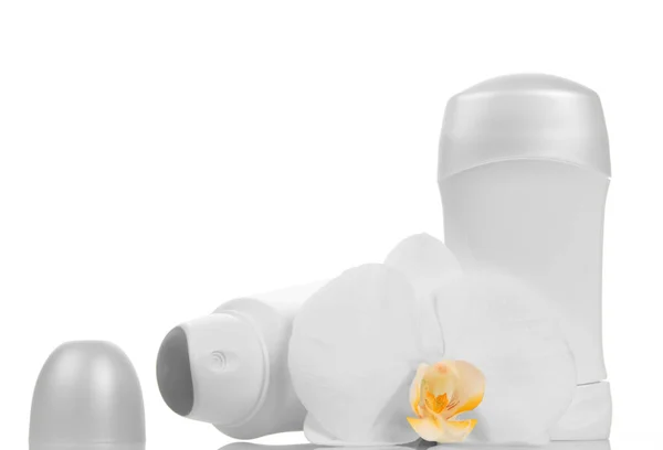 Empty Bottles Deodorants Orchid Flower Isolated White Background — Stock Photo, Image
