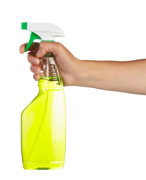 Botella Mano Femenina Con Spray Verde Para Limpiar Aislada Sobre — Foto de Stock