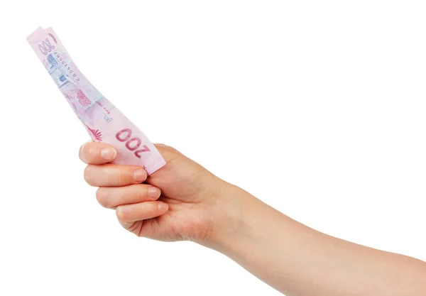 乌克兰人的钱200格里夫尼亚在一个被白色背景隔离的女人手里 — 图库照片