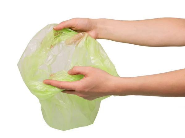 Mão Feminina Segurando Saco Lixo Vazio Isolado Fundo Branco — Fotografia de Stock