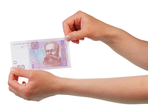 Ουκρανικά Hryvnia Χρήματα Γυναικεία Χέρια Απομονωμένα Λευκό Φόντο — Φωτογραφία Αρχείου