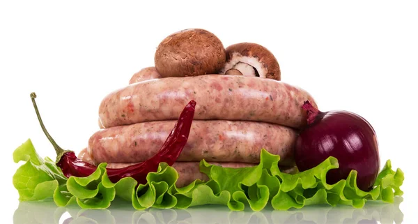 Raw Sausage Mushrooms Lettuce Red Pepper Onion Isolated White Background — Stock Photo, Image