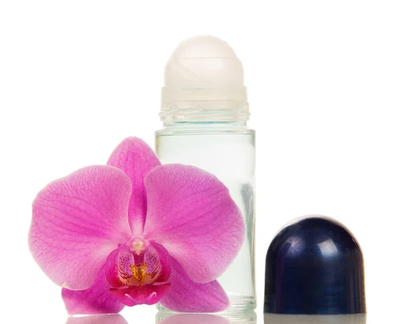 Kompaktní Rolovací Deodoranty Orchidej Květiny Izolované Bílém Pozadí — Stock fotografie