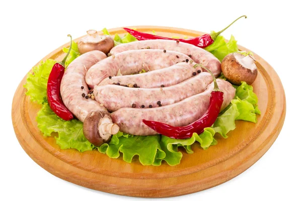 Panneau Bois Avec Saucisses Crues Champignons Laitue Poivre Isolé Sur — Photo