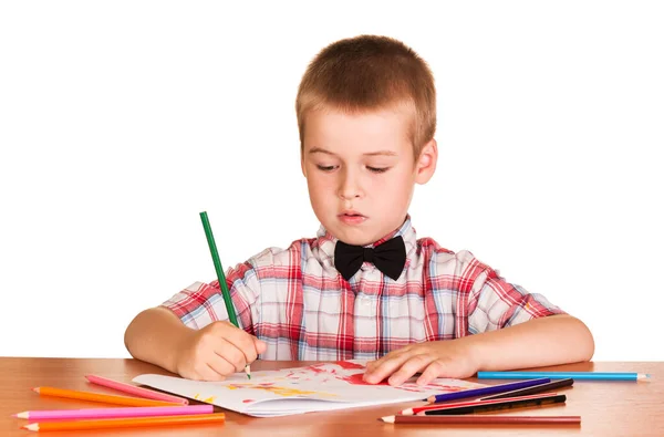 Cute Schoolboy Draws Album Colored Pencils Isolated White Background Royalty Free Stock Photos