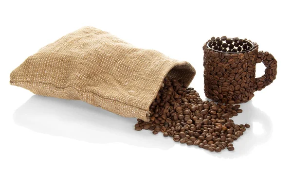 Cup Coffee Beans Bag Coffee Isolated White Background — Stock Photo, Image