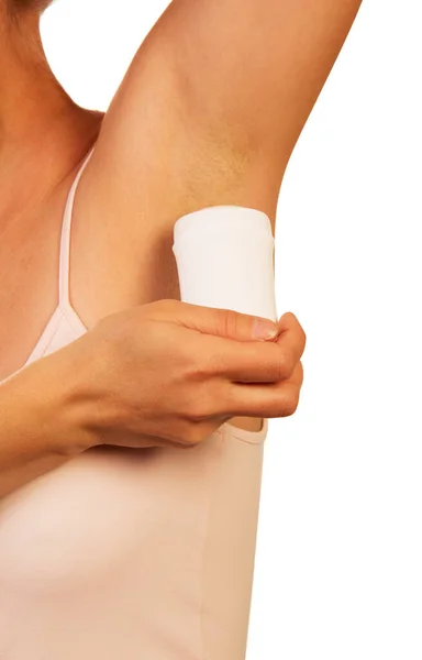 Een Onbekende Vrouw Gebruikt Een Droge Deodorant Een Witte Achtergrond — Stockfoto